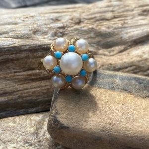 Vintage Avon Faux Turquoise & Faux Pearl Adjustable Ring